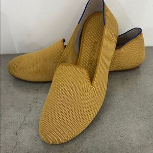Rothy's Mustard Yellow Slip-On Loafers with Blue Trim